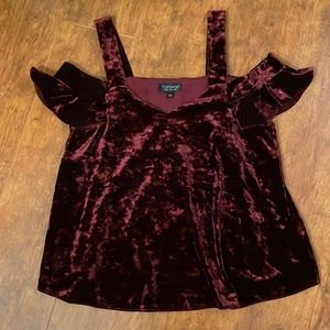 Topshop Women’s Crushed Velvet Burgundy Off Shoulder Top Small